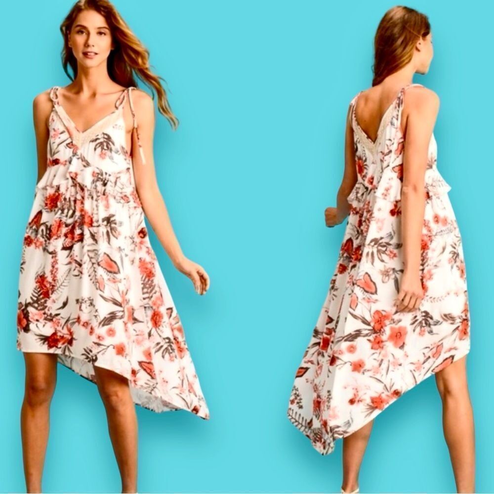 🔴2 for 40🔴Doe & Rae sundress floral high-low adjustable white coral floral M.